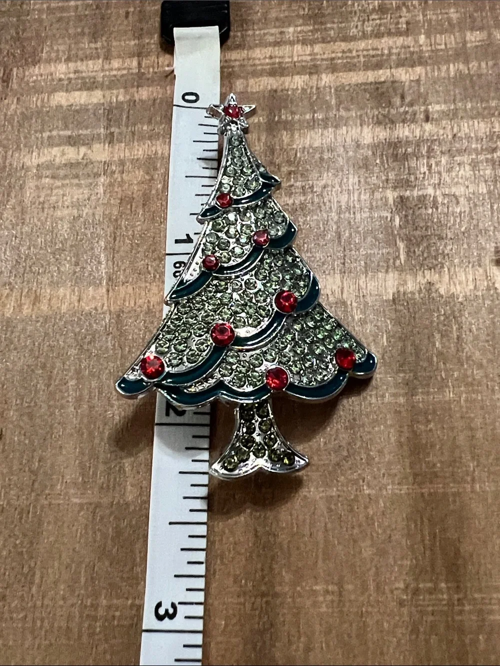 3/$18 Holiday Green Crystal Christmas Tree Brooch with Red Accents Lot 6057